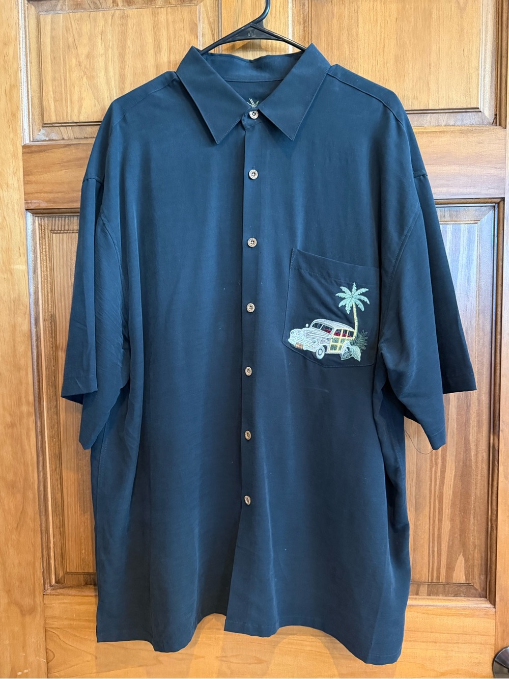 Men's Black Short-Sleeve Button-Up Shirt with EmbroideryDetail